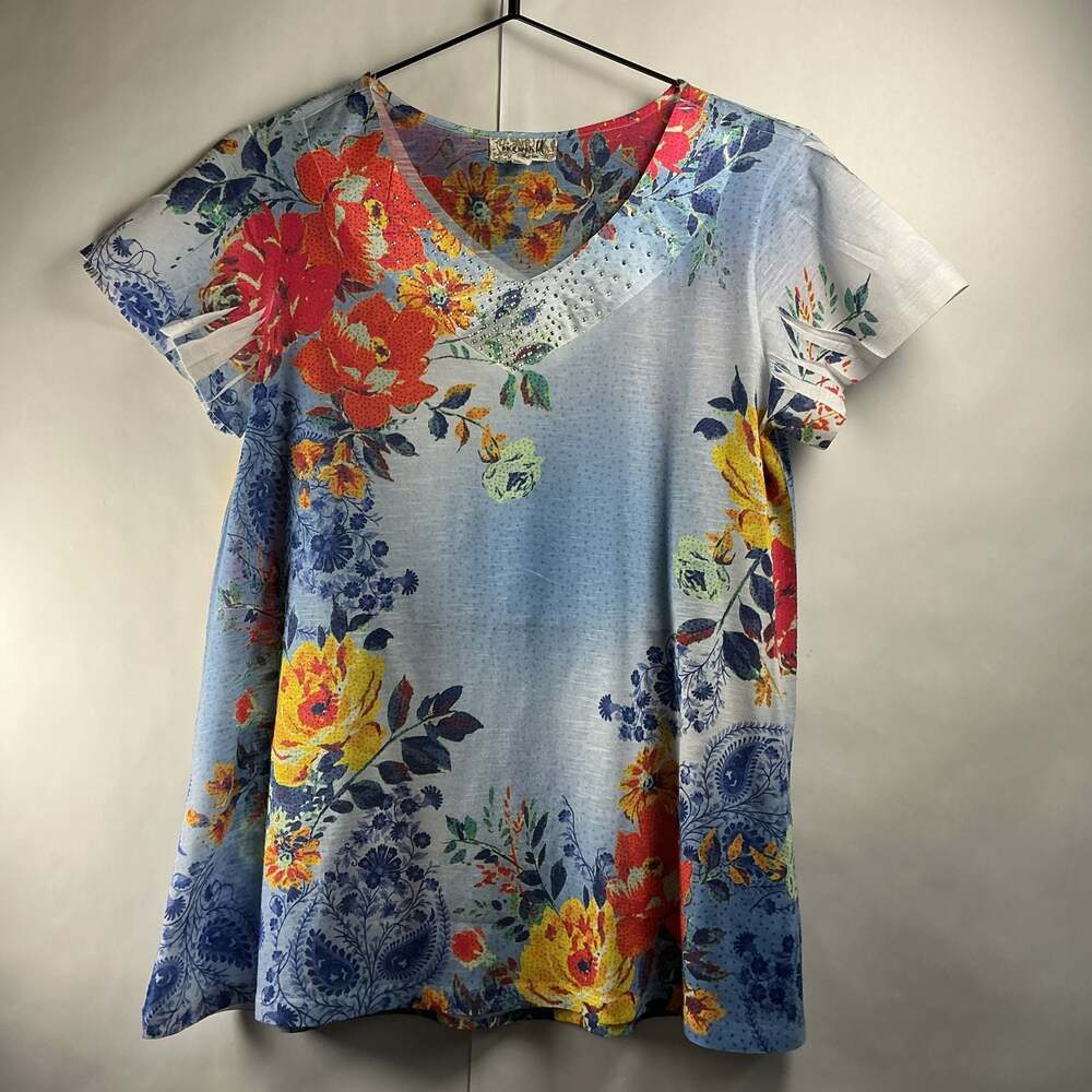 One World Floral Print V-Neck T-Shirt with Rhinestone Embellishments